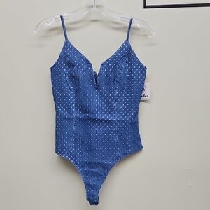 Blue Denim Rhinestone All  Women Bodysuit